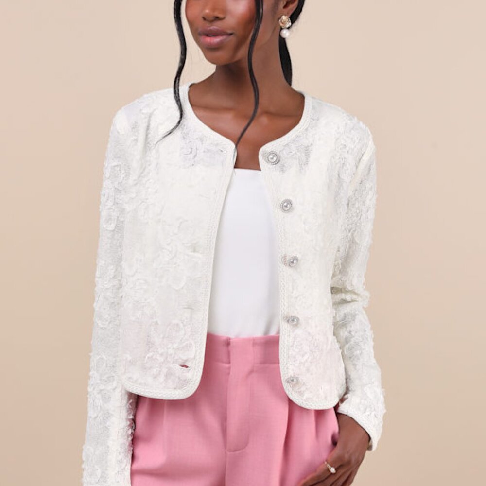 Lulus Sophisticated Confidence Ivory Lace Pearl Braid Trim Jacket White - Size M